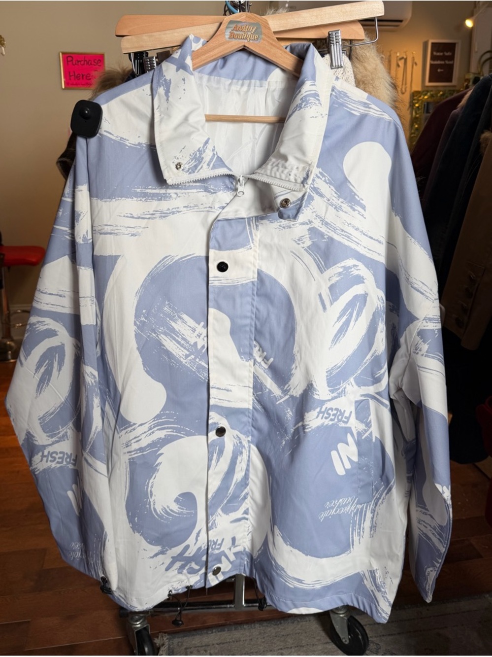 Light Blue & White Abstract Print Windbreaker